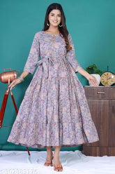 Turquoise floral print cotton Anarkali kurta for women, three-quarter sleeves, tiered and belted design, India